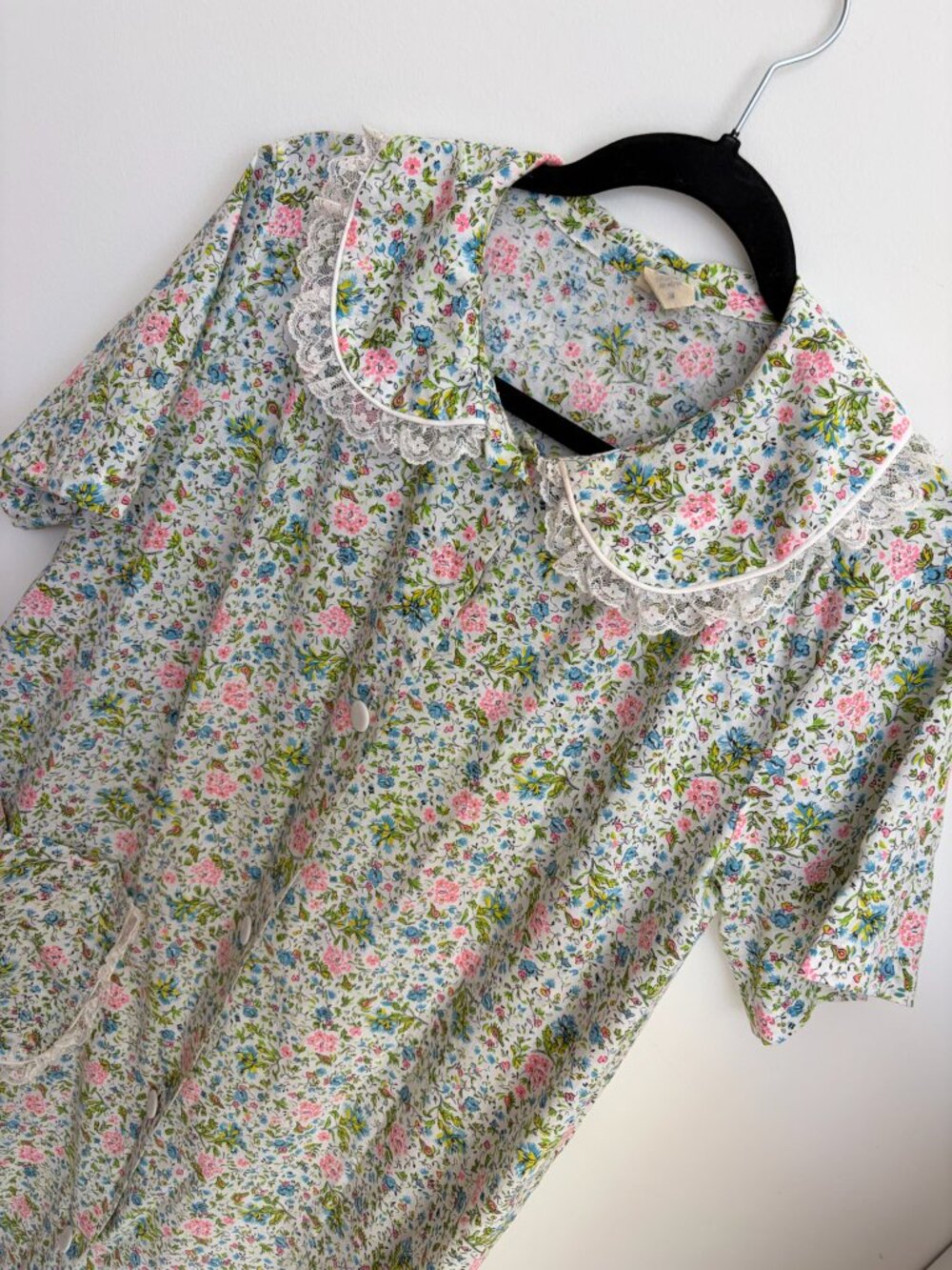 Vintage Floral House Dress Lace Peter Pan Collar Cottagecore Prairie Night Gown